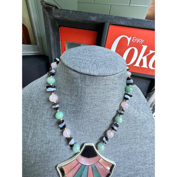 Vintage LEE SANDS Abalone Shell Inlay Fan Shape Statement Necklace Rose Quartz J - Picture 3 of 6